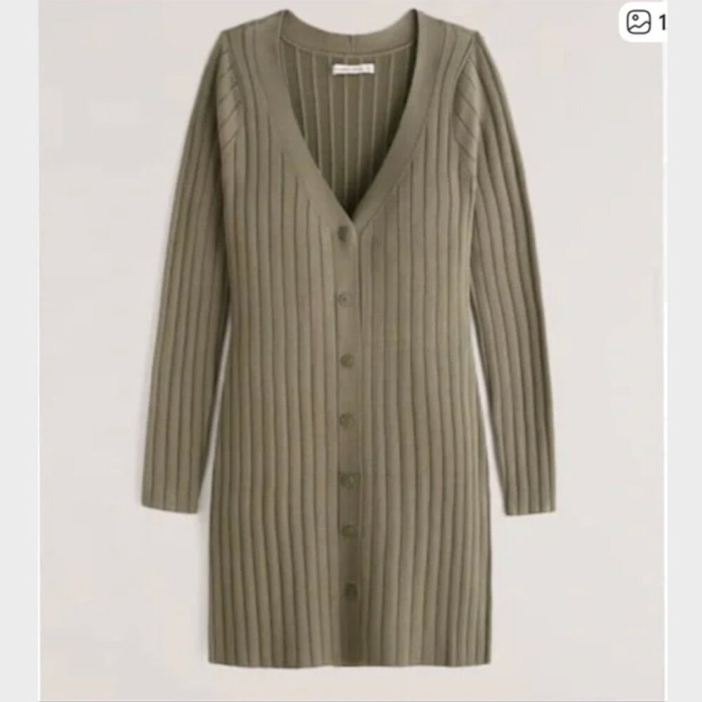 Abercrombie & Fitch Olive Green Button-Through Deep-V Mini Sweater Dress- Size M